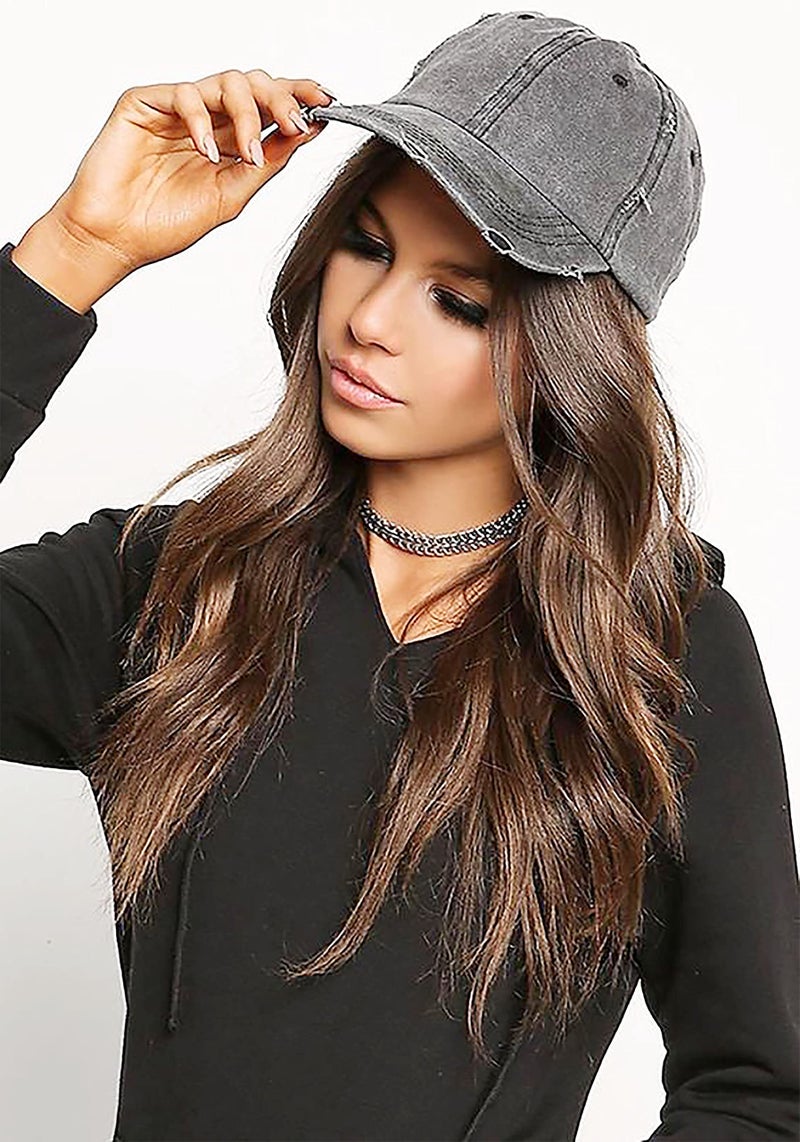 Eohak Ponytail Baseball Hat Distressed Retro Washed Womens Twill Grey - Image 2